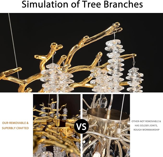 YUYI Modern Crystal Chandelier, 47.2" Gold Tree Branch Chandelier for Dining Room, Round Luxury High Ceiling Chandeliers Pendant Light Over Table, Hanging Fixture for Bedroom, Living Room, Kitchen