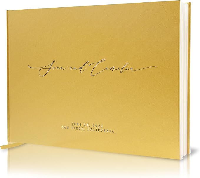 MUUJEE Personalized Guestbook in Gold - Premium Custom Modern Guest Book for Wedding Reception, Birthday Party or Events w/Bookmark Blank Pages for Signing 11.5 x 8.5 inches