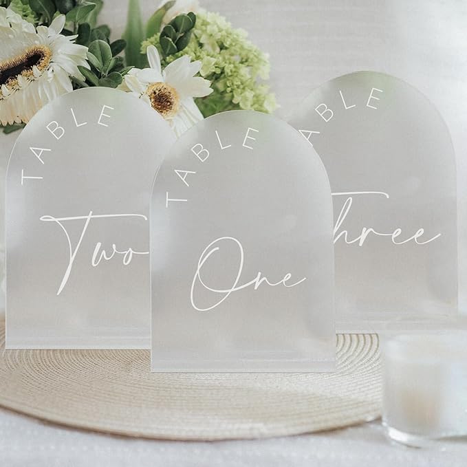 JINMURY Frosted Arch Wedding Table Numbers 1-30 with Stands, 5x7 Inch Frosted Arch Acrylic Sign with White Letters, Arched Acrylic Table Numbers for Wedding Reception