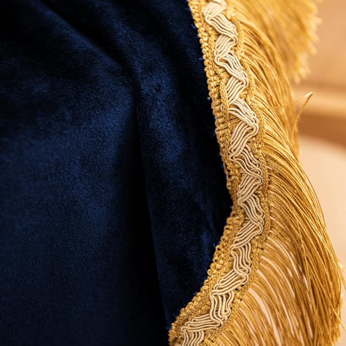 F-CHU Blue Tablecloth Thickset Velvet Tablecloth with Beautiful Gold Tassels Vintage Table Cloth for Home Decor Wedding, Party, Banquet and Events 60" Round