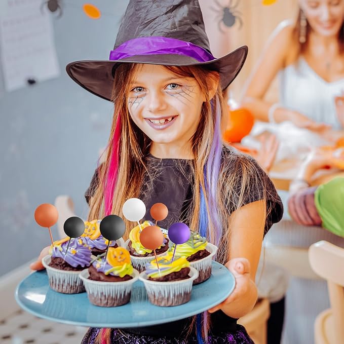 ASTARON 32 Pcs Ball Cake Topper Halloween Decorations Mini Balloons Sticks Foam Balls Birthday Cake Topper Picks Cake Decorations for Halloween Supplies (Orange，Black，Purple)