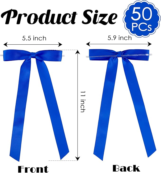 50 PCs Royal Blue Bow Decor 5.5'' Satin Bows with Long Tail, Twist Tie Bows for Craft, Packaging Ribbon Bows, Premade Bows for Cake Decorating, Gift Bows for Treat, Wedding Favor, Party