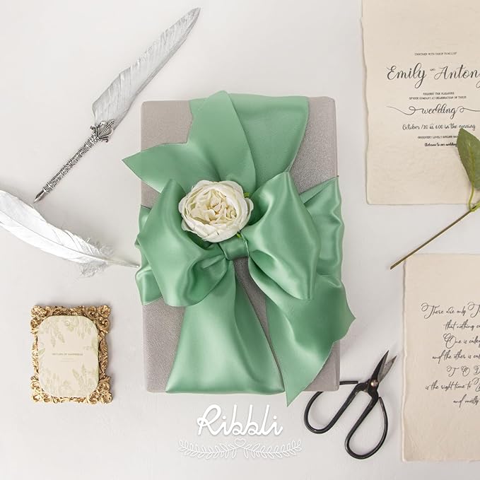 Ribbli Sage Green Satin Ribbon 4 Inch Wide Sage Ribbon for Wedding Chair Sash Grand Opening Ceremony Big Bows Gift Wrapping Floral Crafts Cake Decor-Double Faced Satin Continuous 10 Yards