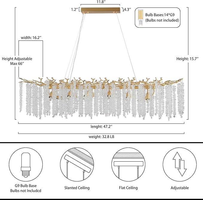 YUYI Modern Crystal Chandelier, 47.2" Gold Tree Branch Chandeliers for Dining Room, Large Rectangular Chandelier, Luxury Ceiling Light Fixture for Living Room, Kitchen Island, Foyer, 5 Year Warranty