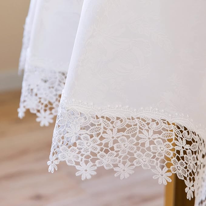White lace Premium Round Farmhouse Tablecloth Waterproof OilProof SpillProof AntiShrink Soft Wrinkle Resistant Decorative Fabric Table Cover Kitchen Dinning Party Wedding Banquet