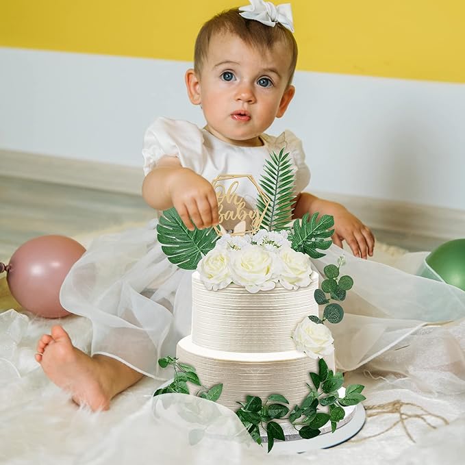 34-piece Wood Cake Topper Set - Boho Cake Decorations with Artificial Eucalyptus Leaves for Gender Reveal Parties, Birthdays, and Weddings