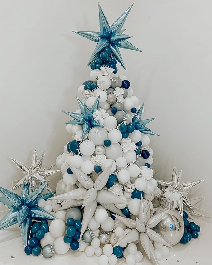 3pcs 26inch 3D Explosion Star foil balloon, Pearled Blue Foil Cone star burst Balloons for Birthday Wedding New Year Party Event