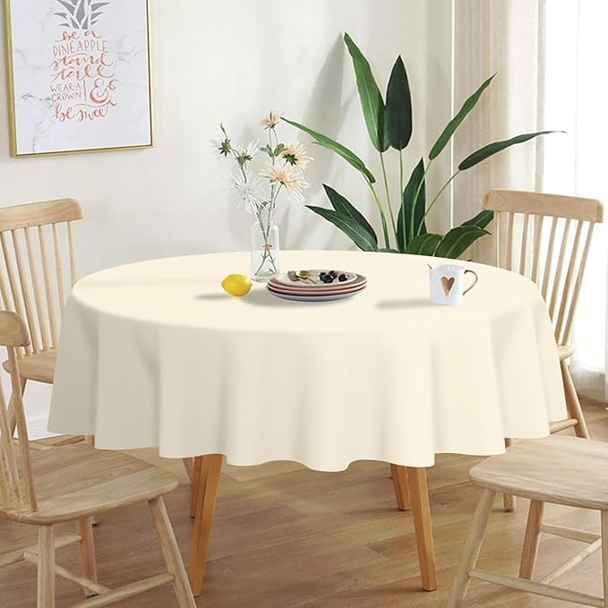 QIKSION Ivory Round Tablecloth 2 Pack, 84 Inch Plastic Table Cover Disposable for Parties