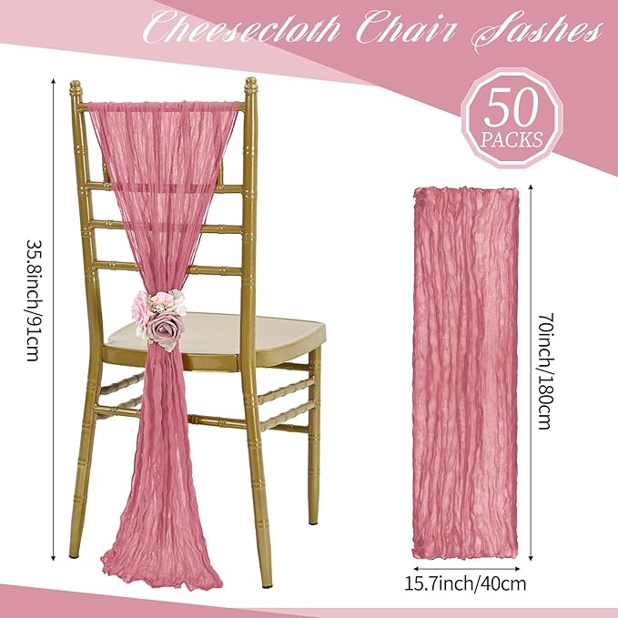 50 PCS Cheesecloth Chair Sashes, Bows Designed ChairSashes, 15.7x70 inch Chair Sashes for Aisle Decorations Universal Chairs Cover Decoration for Wedding Reception Party Banquet (Dusty Rose)