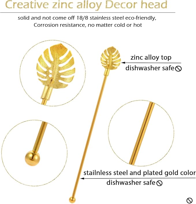 Stainless Steel Coffee Beverage Stirrers Stir Cocktail Drink Swizzle Stick with Palm leaf Metal Top,4PCS GOLD stirrer