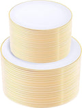 KIRE 200PCS Gold Plastic Plates - Disposable Plates for Party - White Plastic Plates with Gold Rim Include 100 for Dinner and 100 for Dessert/Salad in Wedding/Thanksgiving