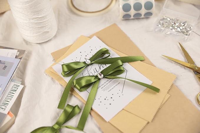 Olive Green Satin Ribbon 3/8 inch X Continuous 50 Yards, Single Face Polyester Ribbon Perfect for Gift Wrapping, Flower Bouquet, Wedding Decor, Crafts, Bow Making, Sewing and More