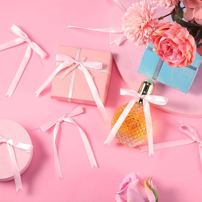 Riceshoot 50 Pcs Twist Tie Bows for Cake 3x4.5 Inch Satin Ribbon Bows for Gift Wrapping Treat Bags Craft DIY Wedding Baby Shower Birthday Party(Pink)