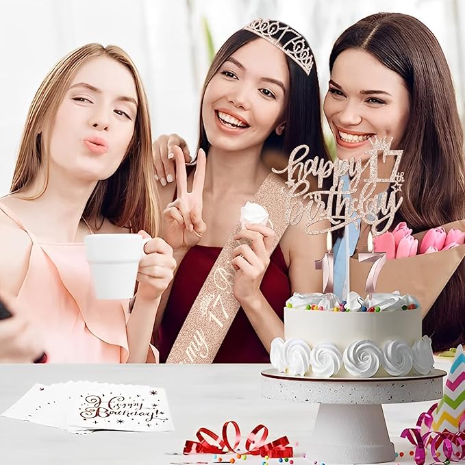 17th Birthday Decorations for Girls Including Birthday Girl Sash, Crown, Numeral Candles and Cake Topper, 17 Year Old Decorations Gifts, Rose Gold Party Decor Supplies