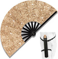 13" Large Folding Rave Fan with Holster, Clack Hand Fans Foldable for Line Dancing, Boots On The Ground Fan for Women Men Festival EDM Party Decoration, Glitter Champagne