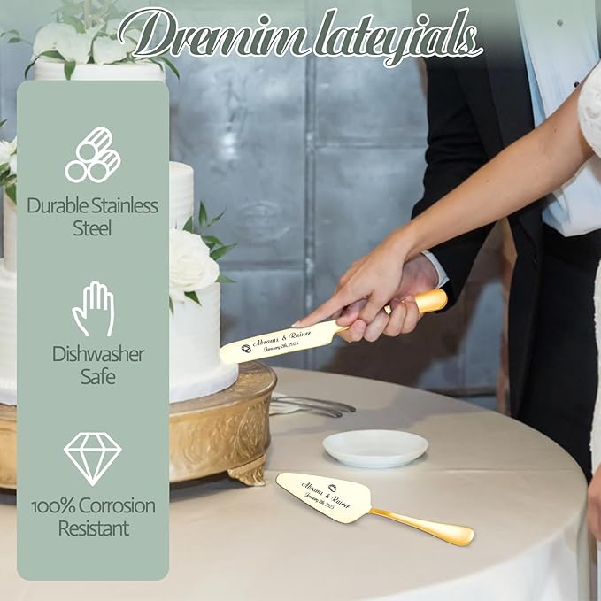Personalized Wedding Cake Knife and Server Set - Custom Name Engraved Cutting Set with Elegant Gift Box, Ideal for Bridal Wedding Anniversary Birthday Gifts (Regular handle)