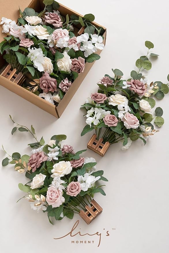 Ling's moment 17.5" Tall Standing Artificial Flowers Arrangements 4 pcs Wedding Aisle Runner Chair Decorations Dusty Rose Cream for Centerpieces Ceremony Reception Rose Floral Party Outdoor