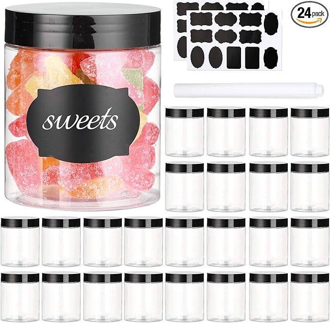 8 OZ Plastic Jars with Lids, 24 Pack Clear Plastic Slime Containers for Kitchen and Household Food Storage of Dry Goods, Creams and More, BPA Free