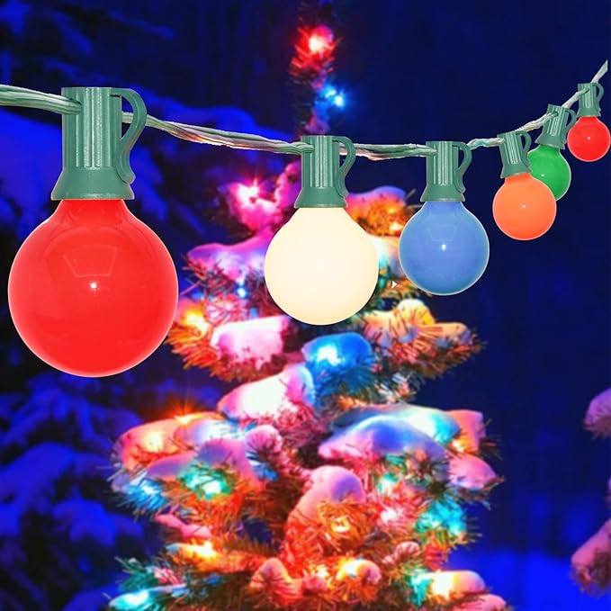 SUNSGNE 25Ft Outdoor Multicolor Christmas Lights, G40 Globe Patio String Lights with 27 Ceramic Colorful Bulbs(2 Spare), Outside Christmas Lights for Holiday Party Backyard Christmas Decoration