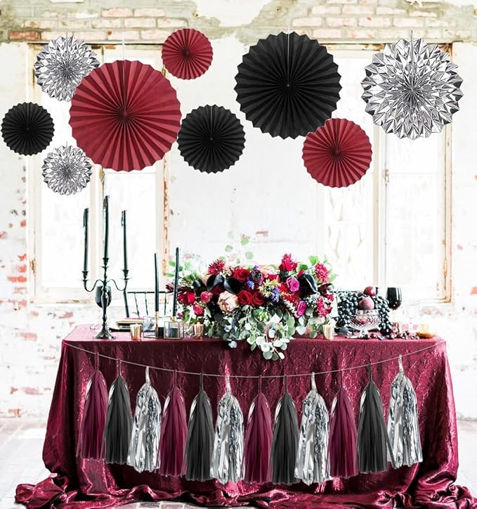 24PCS Maroon Decorations Burgundy Black Silver Party Decor Tassel Garland Banner Paper Flower Fans Streamers Wall Hanging Backdrop Graduation Wedding Birthday Bridal Shower