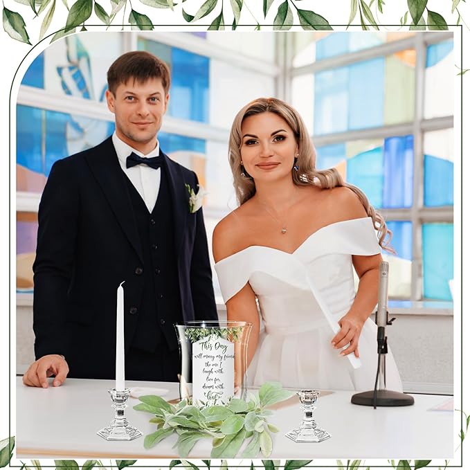 Irenare Unity Candles with Holder for Wedding Ceremony Wedding Decortions Accessories Glass Candle Holder Pillar Candle for Formal Events Church(Green Leaf)