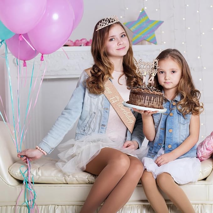 14th Birthday Decorations for Girls Including Birthday Sash and Tiara, Candles and Cake Topper, 14 Year Old Girl Decorations Gifts