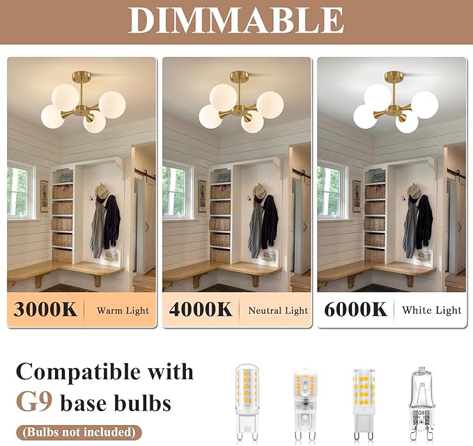 KCO Lighting Modern Globe Ceiling Light Gold Semi Flush Mount Sputnik Chandelier Mid Century Frosted Glass Ceiling Lamp for Living Room Dining Room Bedroom (4-Light)
