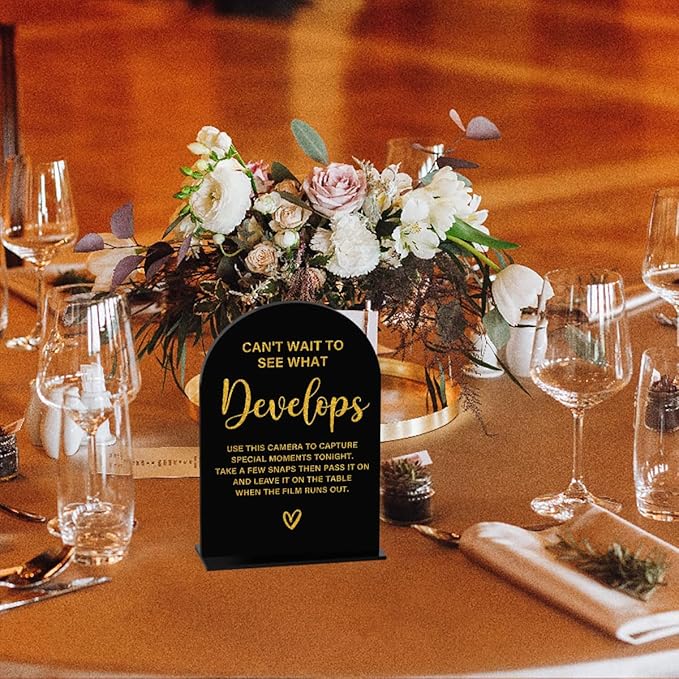 Acrylic Wedding Sign, Bridal Shower Decorations, Can't Wait to See What Develops Sign for Ceremony, Modern Font Table Signs, Acrylic Table Top Signs for Wedding Reception (Black Gold)