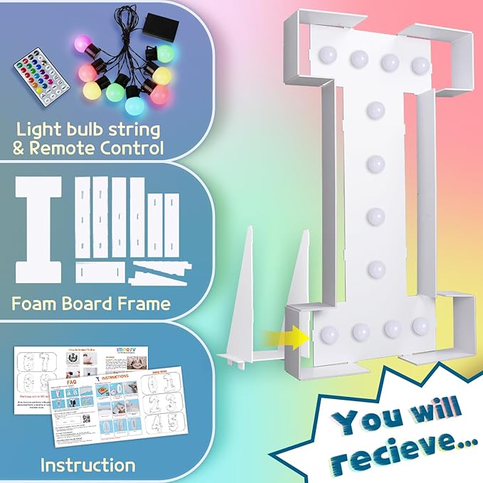 imprsv 4FT Colorful Marquee Light Up Letters I, 18 Colors Large Light up Letters Alphabet Sign with Remote, Large Marry Me Sign, Birthday Party Decorations Baby Shower Anniversary Wedding Decoration