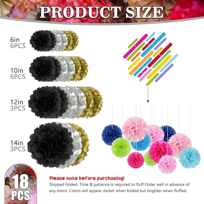 Tissue Paper Pom Poms, Black Gold Silver Tissue Paper Flowers, Hanging Flower Balls for Weddings Fiesta Parties Birthday Baby Showers Classroom Bridal Shower Decoration (18Piece Set-6/10/12/14Inch)