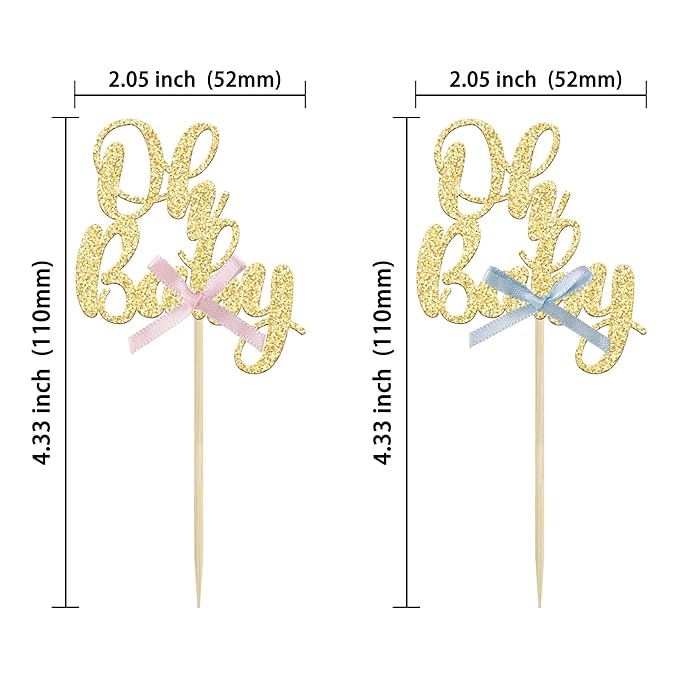 Gyufise 36Pcs Oh Baby Cupcake Toppers with Blue Pink Bowknot Gold Glitter Baby Shower Cupcake Picks Gender Reveal Cupcake Topper Decorations for Gender Reveal Baby Shower Kids Birthday Party Supplies