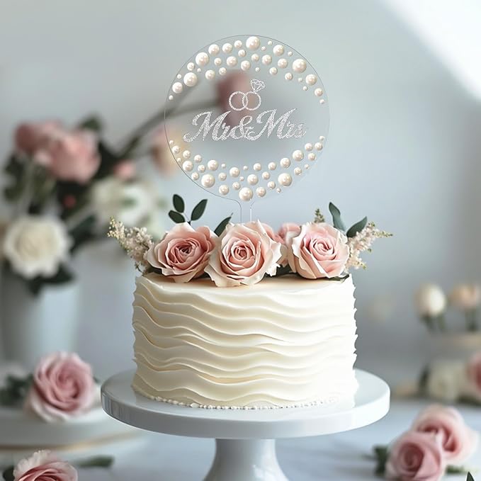 Mr & Mrs Wedding Cake Topper, Contemporary Bride and Groom Sign Rustic Resin Décor for Engagement & Anniversary, Bridal Shower & Party Celebrations (Transparent acrylic & Pearl)