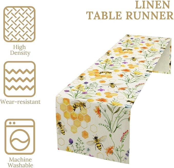 Summer Bee Table Runner, Seasonal Spring Wildflowers Bee Yellow Honeycombs Farmhouse Table Runner for Kitchen Dining Table Home Party Decor, 13x36inch