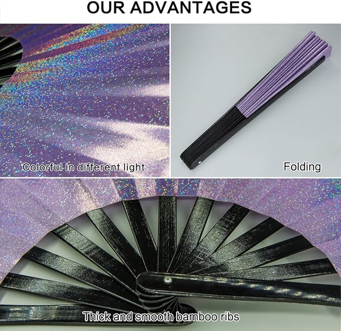 Large Rave Fan, Clack Folding Hand Fan with Premium Fabric, Thick Bamboo Frame for Men Women Gift for EDM, Festival, Club, Party, Dance, Decoration (Lridescent Purple, 11")