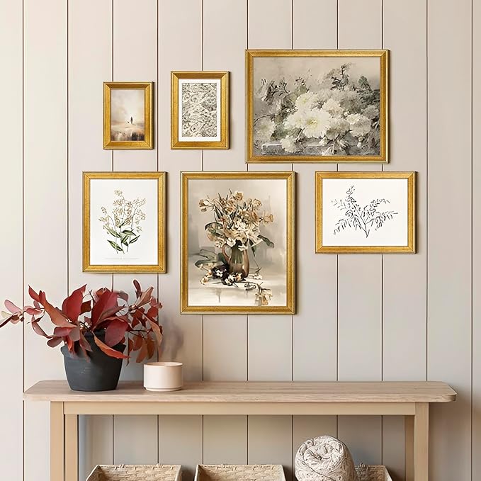 TWING 5x7 Gold Picture Frames Set of 6,Rustic Gold Frames Display Pictures 4x6 with Mat or 5x7 Without Mat,Tabletop Display and Wall Mounting Home Collage Photo Frame,Set for Wall Gallery