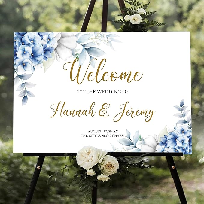 Dusty Blue Wedding Welcome Sign, Editable Floral Template, Printable Ceremony Signage, Elegant Reception Board, Minimalist Blue Wedding Decor