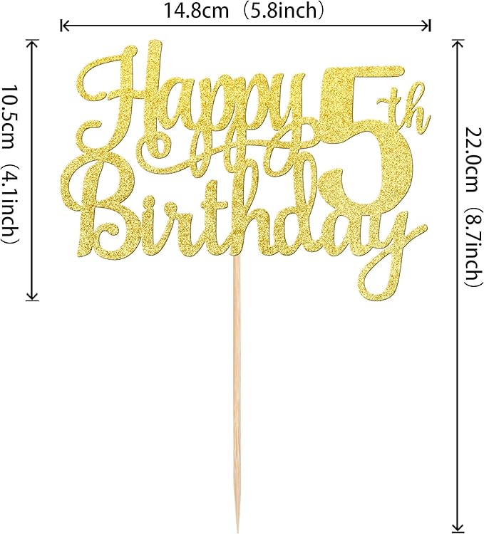1 PCS Happy 5th Birthday Cake Topper - Gold Glitter Cheers to 5 Years - Fabulous Cake Decoration for 5th Birthday Theme Party