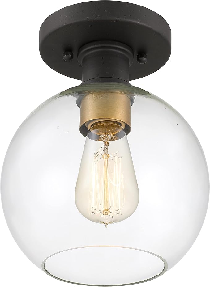 Dan Modern Farmhouse 1-Light Flush Mount Ceiling Light Clear Glass Globe Black Gold Finish for Hallway, Entryway, Passway, Bedroom, Garage, Kitchen, Balcony