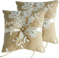 QIRMIZI 2PC Vintage Rustic Burlap Ring Bearer Pillow - Elegant Fall Wedding Décor with Lace, Bow, and Embroidered Flower Ribbon