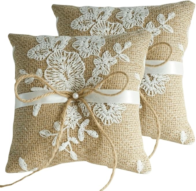 QIRMIZI 2PC Vintage Rustic Burlap Ring Bearer Pillow - Elegant Fall Wedding Décor with Lace, Bow, and Embroidered Flower Ribbon