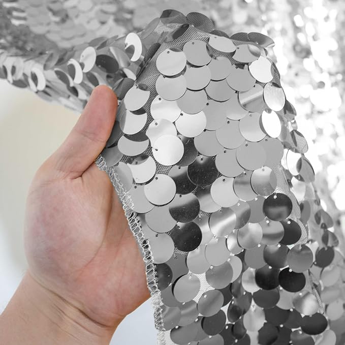 JYFLZQ Silver Payette Sequin Backdrop Curtains 8ft x 8ft 1 Panel Shimmer Wall Backdrop Big Sequin Background Thick Glitter Photo Booth Backdrops for Birthday Christmas Wedding Parties