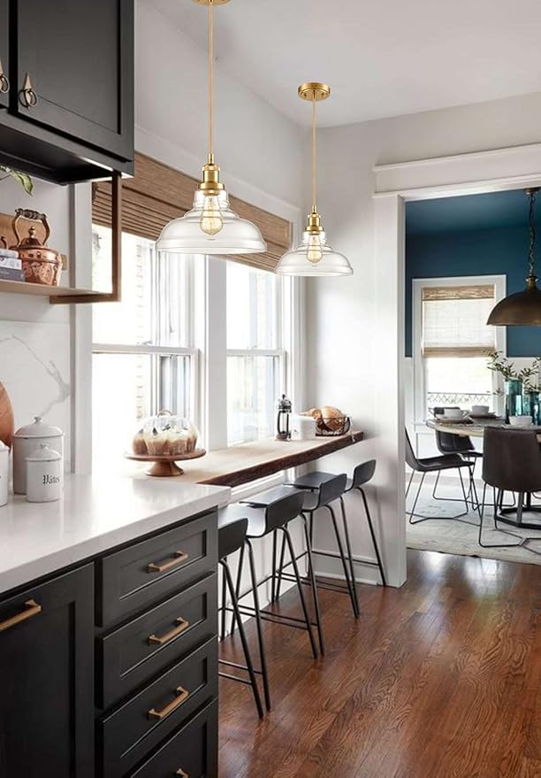 CLAXY Modern Gold Pendant Light Classic Glass Dome Kitchen Hanging Light Fixture-3 Pack