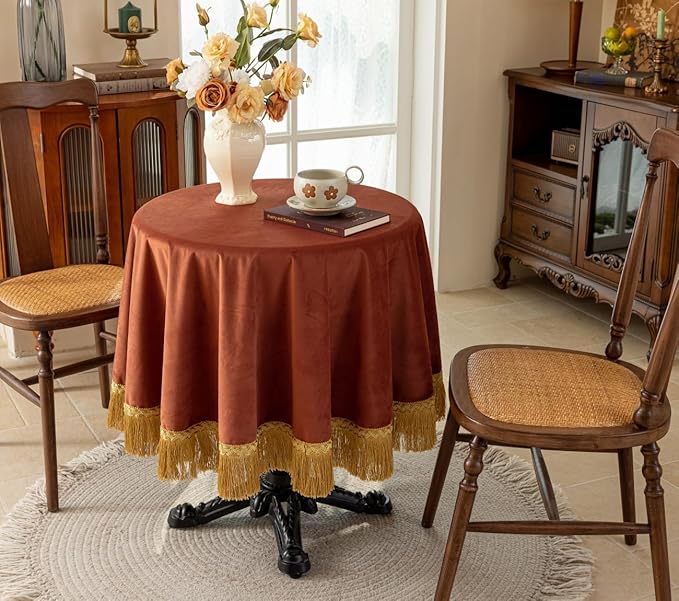 F-CHU Luxury Burnt Orange Tablecloth Thickset Velvet Tablecloth with Beautiful Gold Vintage Tassels Table Cloth for Home Decor Wedding, Party, Banquet and Events 67" Round