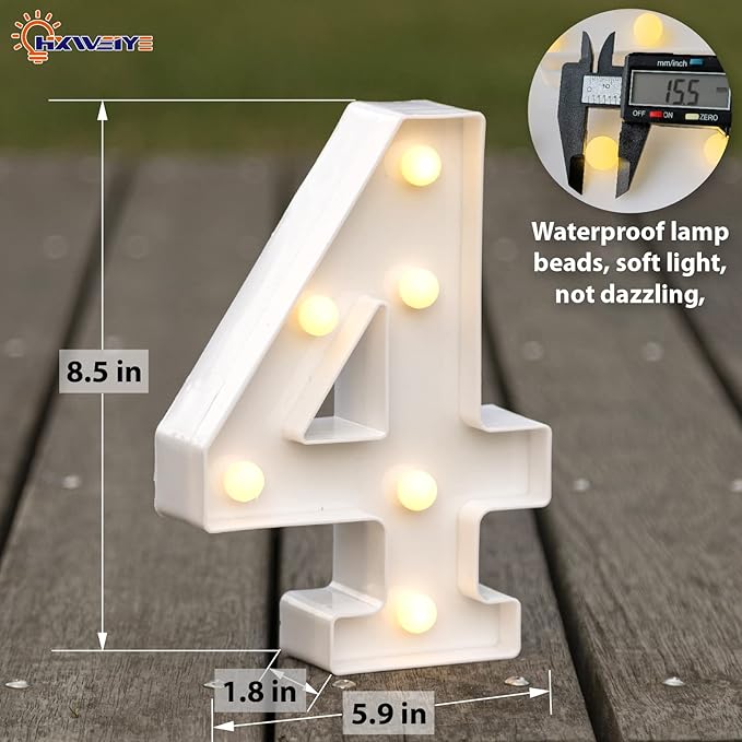 HXWEIYE Marquee Light Up Numbers-4, Led Large Numbers Letters Sign 26 Alphabet and 10 Number for Party Décor, Light Up Letters Battery Powered Warm White Christmas Decoration Numbers Light