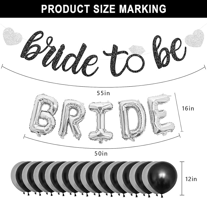 Black Silver Party Decorations - Bridal Shower Decorations Set Bachelorette Party Supplies with Bride to Be Banner,Bride Foil Balloon,Diamond Ring Foil Balloon,Paper Fan Hanging Swirl