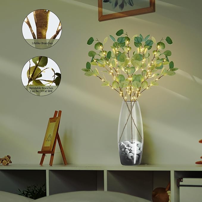 Lighted Artificial Eucalyptus Branches with Timer, Light Up Eucalyptus Branches 33in 99 Led, Battery Powered Vase Lights, Greenery Plant for Home Christmas Party Wedding Decor Indoor Outdoor