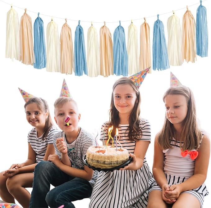 Dusty-Blue Baby-Shower Party-Decorations Tassel-Garland - 15pcs Neutral Boho Birthday Wedding Bridal Tassels, Beige Champagne Banner Streamers, Engagement Bachelorette Decor Panduola