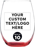 Custom Stemless Wine Glass 9 oz. Set of 10, Personalized Bulk Pack - Great for Wedding Favors, Bachelorette Party Decorations, Party Favors, Color Bottom - Red