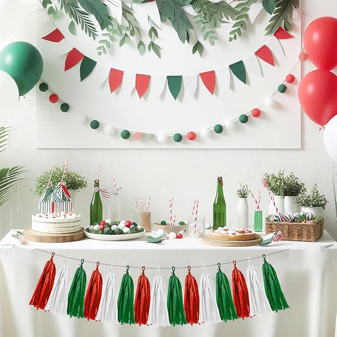 Red White Green Christmas Decorations - 15pcs Tissue Paper Tassel Garland Birthday Christmas Party Decorations for Home Indoor Outdoor Hanging Decor HongTongTong