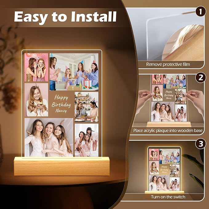Custom Picture Frames with Photo, Personalized Photo Frame with Night Light, Customized Picture Frames, Personalized Birthday Gifts for Women, Her, Bestie, Best Friends